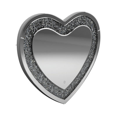 BENZARA Theo 30 Inch Modern Vanity Wall Mirror, Heart, Crystal Frame, Glass, Silver - BM282038