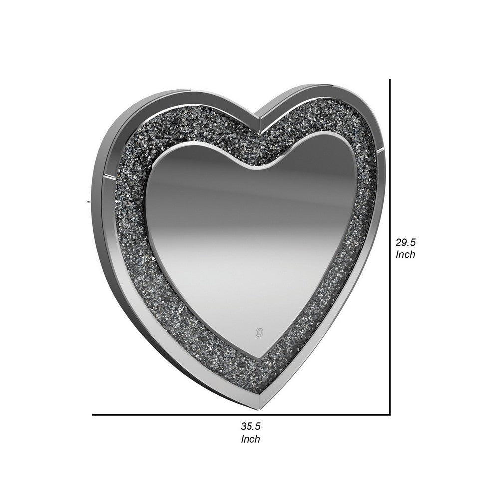 BENZARA Theo 30 Inch Modern Vanity Wall Mirror, Heart, Crystal Frame, Glass, Silver - BM282038