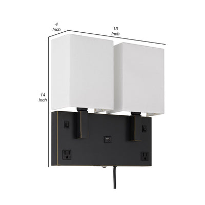 BENZARA Olive Modern Metal Wall Lamp, 2 Shades, USB, 2 Power Outlets, White, Black - BM282622