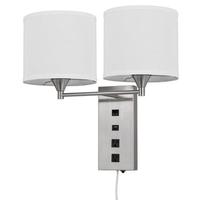 BENZARA Rexi Modern Metal Wall Lamp, 2 Shades, USB, 2 Power Outlets, White, Silver - BM282624