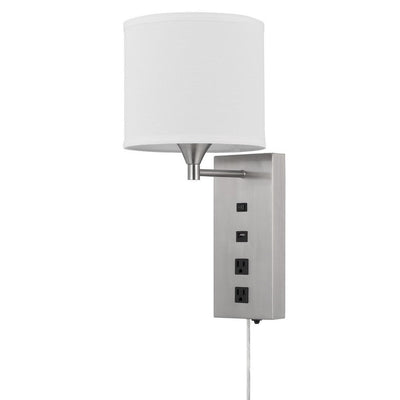 BENZARA Rexi 19 Inch Modern Metal Wall Lamp, USB, 2 Power Outlets, White, Silver - BM282625