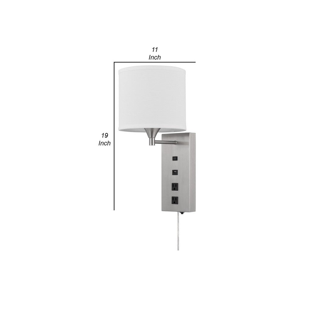 BENZARA Rexi 19 Inch Modern Metal Wall Lamp, USB, 2 Power Outlets, White, Silver - BM282625