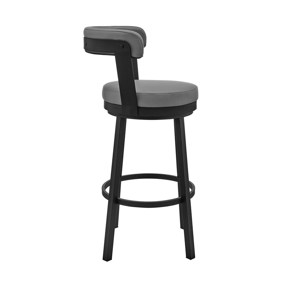 BENZARA Emma 30 Inch Modern Bar Stool Chair, Vegan Leather, Swivel, Gray, Black - BM282633