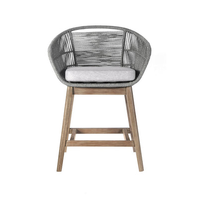 BENZARA Mila 26 Inch Outdoor Teak Wood Counter Stool Chair, Rope Woven, Gray, Brown - BM282643