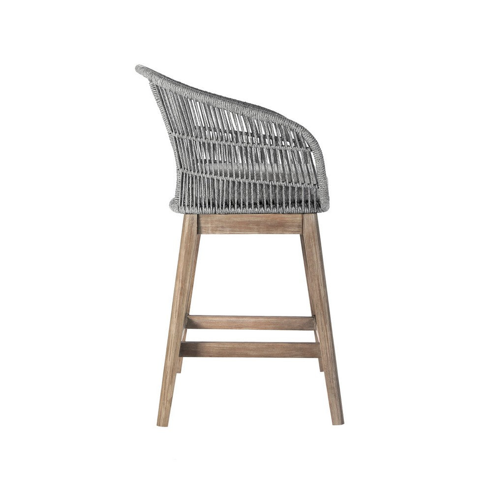 BENZARA Mila 26 Inch Outdoor Teak Wood Counter Stool Chair, Rope Woven, Gray, Brown - BM282643