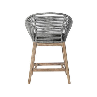 BENZARA Mila 26 Inch Outdoor Teak Wood Counter Stool Chair, Rope Woven, Gray, Brown - BM282643