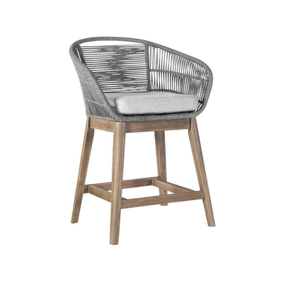 BENZARA Mila 26 Inch Outdoor Teak Wood Counter Stool Chair, Rope Woven, Gray, Brown - BM282643