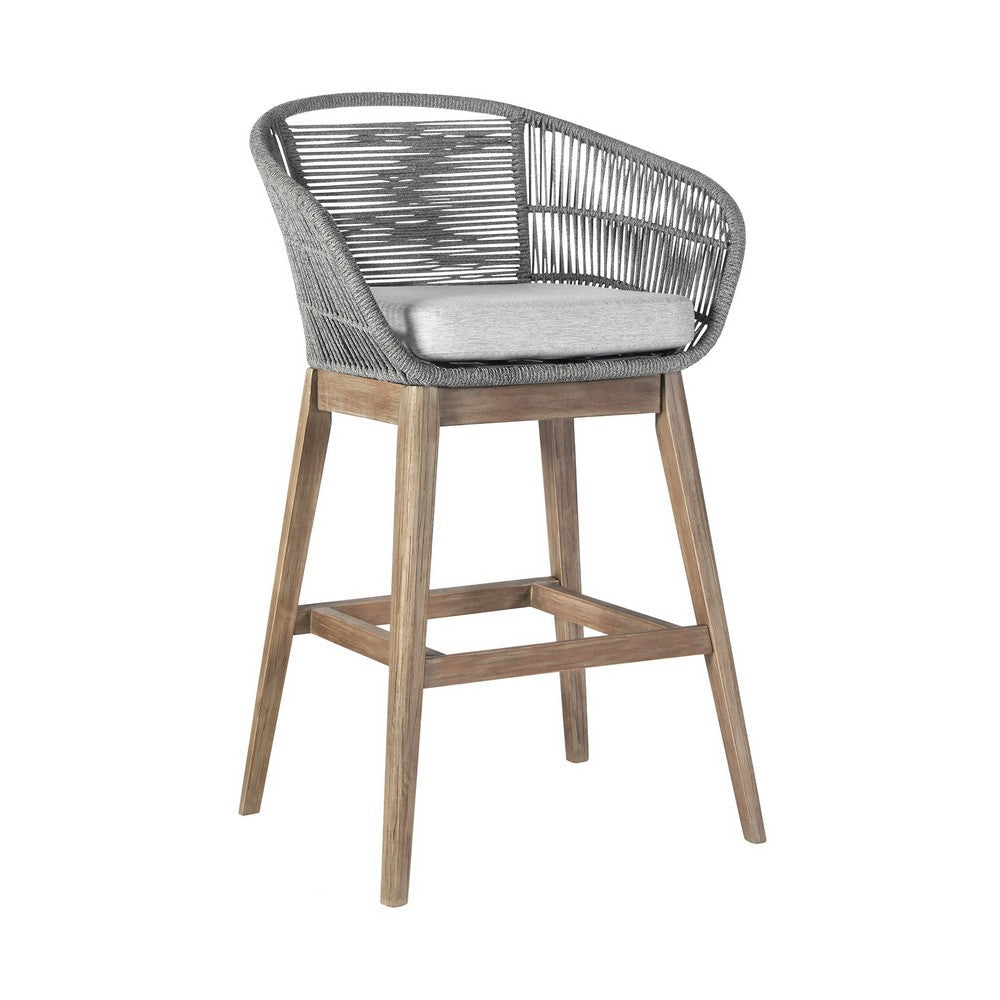 BENZARA Mila 30 Inch Modern Outdoor Teak Wood Bar Stool, Woven Back, Gray, Brown - BM282644