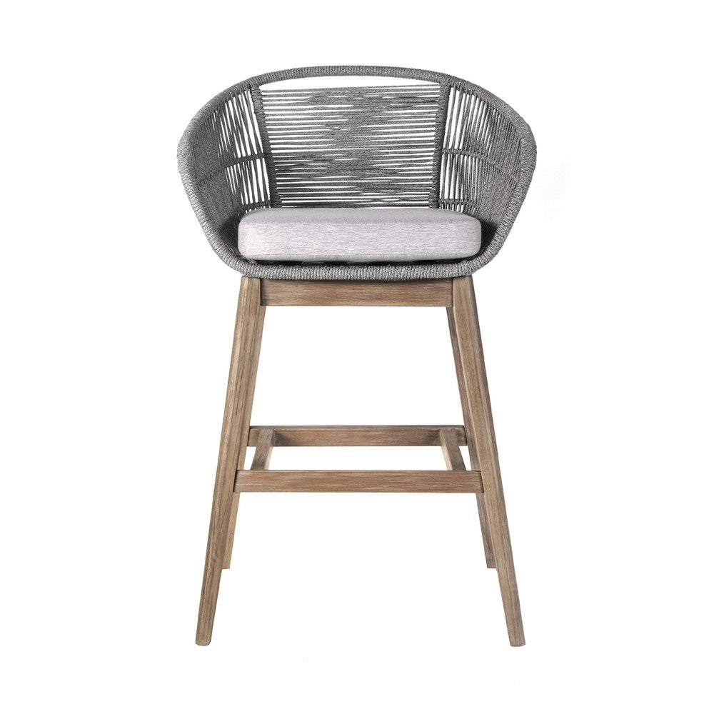 BENZARA Mila 30 Inch Modern Outdoor Teak Wood Bar Stool, Woven Back, Gray, Brown - BM282644