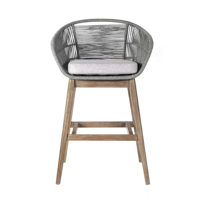 BENZARA Mila 30 Inch Modern Outdoor Teak Wood Bar Stool, Woven Back, Gray, Brown - BM282644