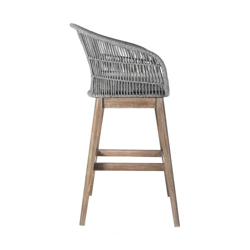 BENZARA Mila 30 Inch Modern Outdoor Teak Wood Bar Stool, Woven Back, Gray, Brown - BM282644