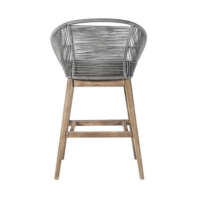 BENZARA Mila 30 Inch Modern Outdoor Teak Wood Bar Stool, Woven Back, Gray, Brown - BM282644