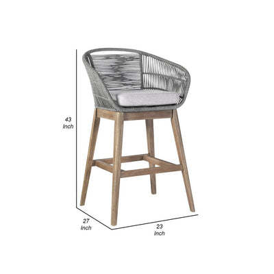 BENZARA Mila 30 Inch Modern Outdoor Teak Wood Bar Stool, Woven Back, Gray, Brown - BM282644