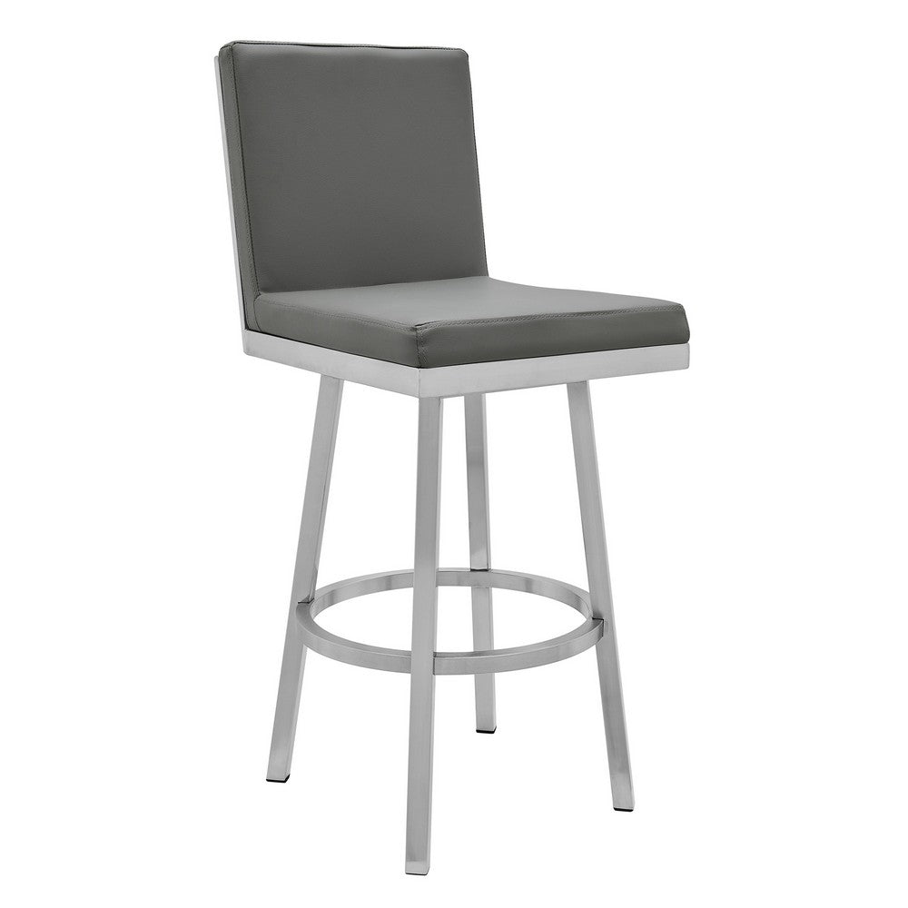 BENZARA Kim 26 Inch Modern Vegan Leather Counter Stool, Swivel, Metal Legs, Gray - BM282693