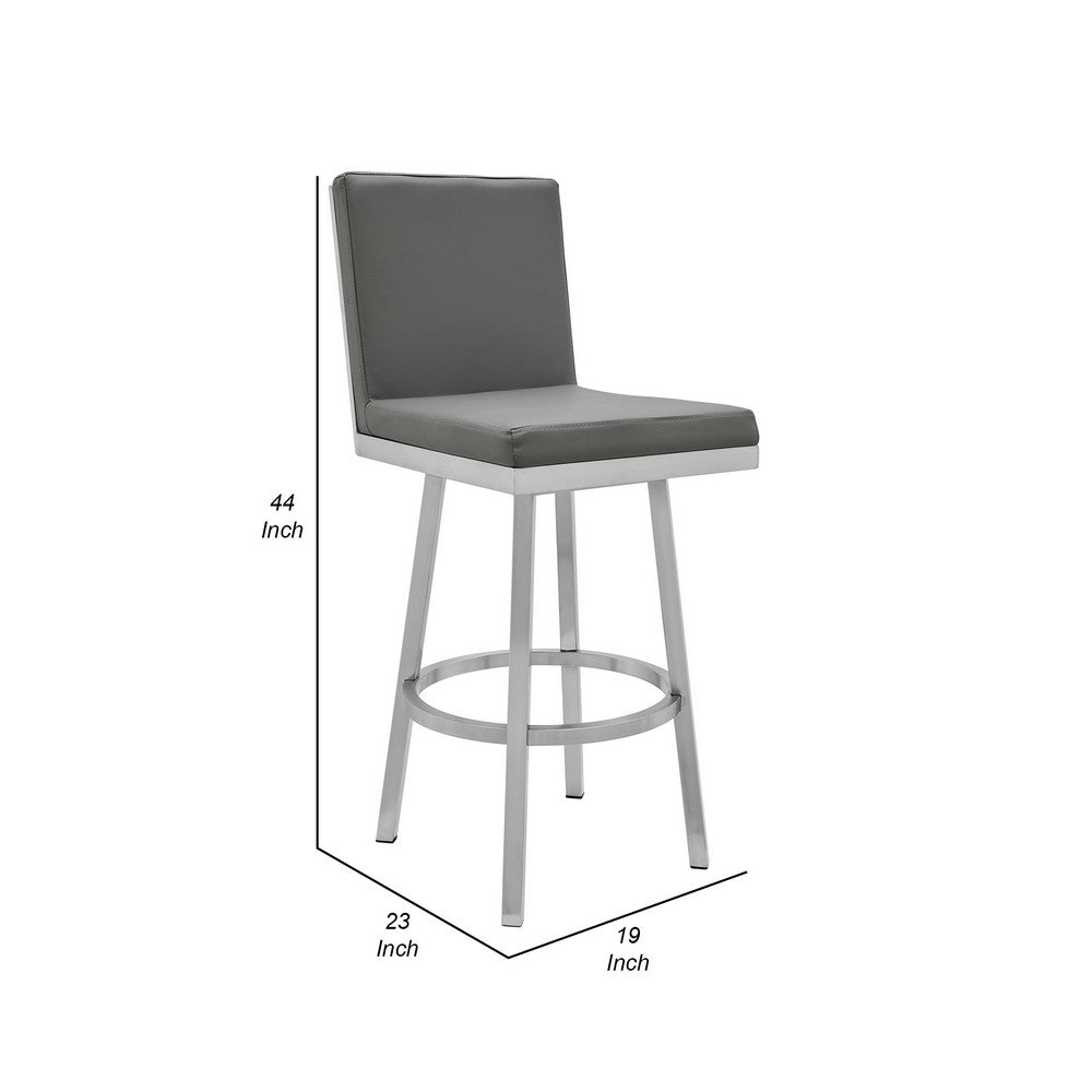 BENZARA Kim 30 Inch Modern Vegan Faux Leather Bar Stool, Swivel, Metal Legs, Gray - BM282694