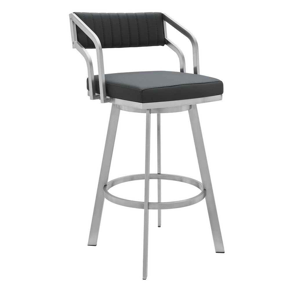 BENZARA Blake 26 Inch Modern Vegan Faux Leather Counter Stool, Swivel, Tufted, Gray - BM282697