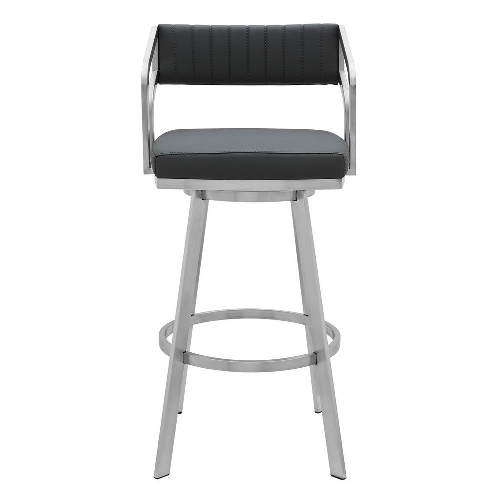 BENZARA Blake 26 Inch Modern Vegan Faux Leather Counter Stool, Swivel, Tufted, Gray - BM282697