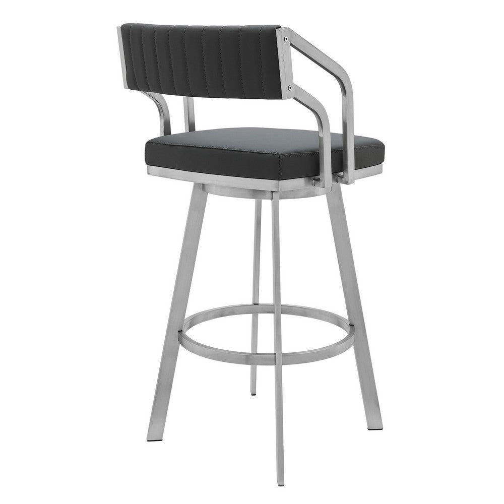 BENZARA Blake 26 Inch Modern Vegan Faux Leather Counter Stool, Swivel, Tufted, Gray - BM282697