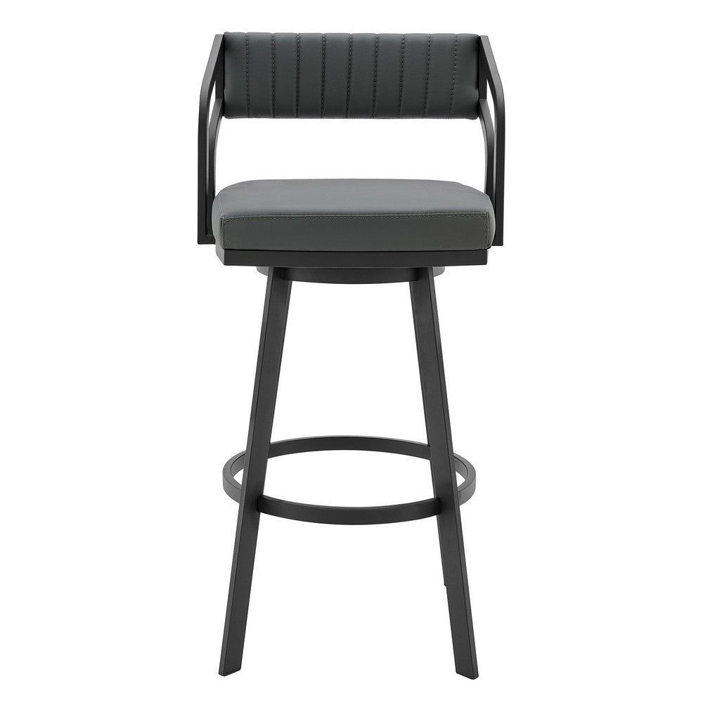 BENZARA Blake 26 Inch Vegan Leather Counter Stool, Swivel, Tufted, Gray, Black - BM282699