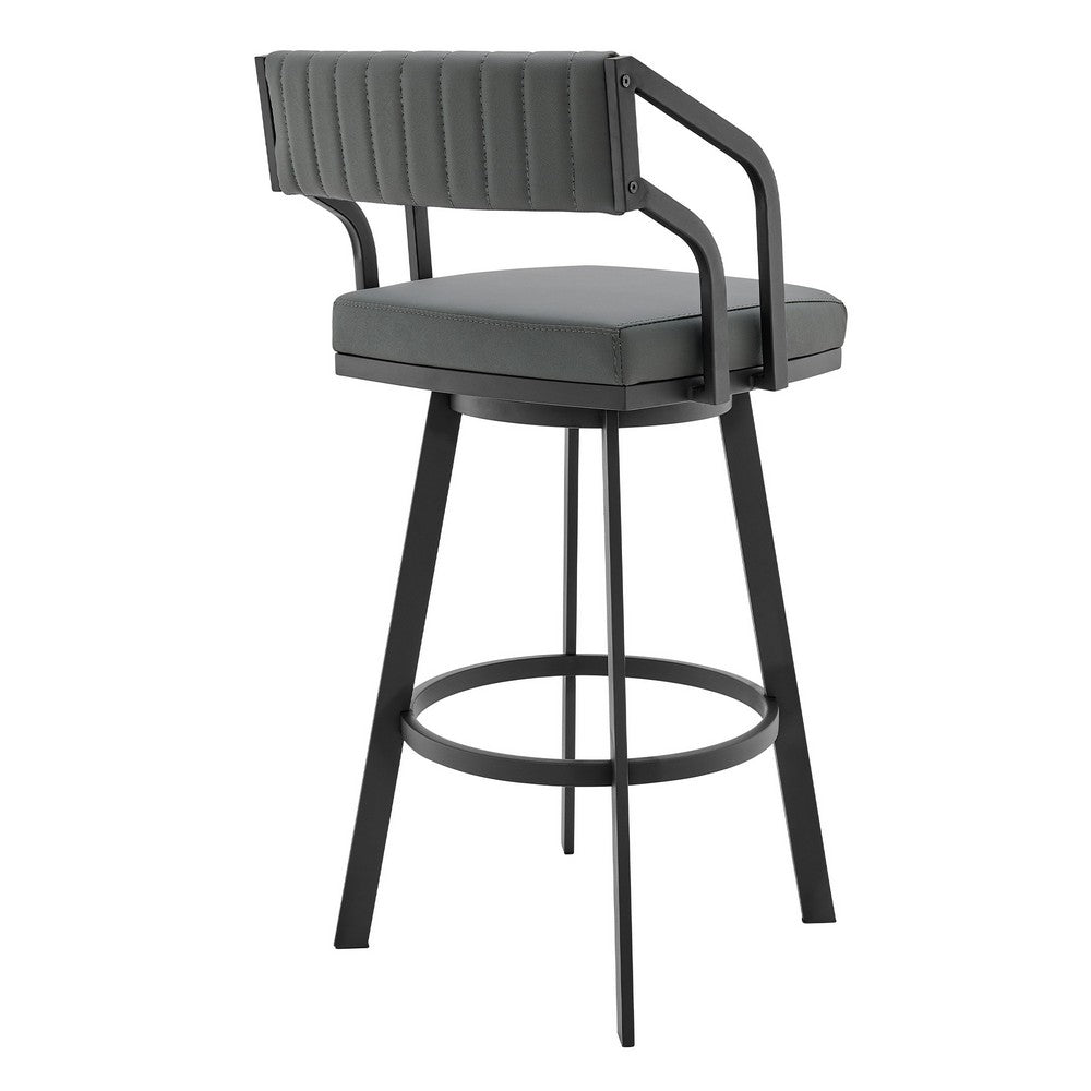 BENZARA Blake 26 Inch Vegan Leather Counter Stool, Swivel, Tufted, Gray, Black - BM282699