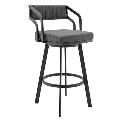 BENZARA Blake 26 Inch Vegan Leather Counter Stool, Swivel, Tufted, Gray, Black - BM282699