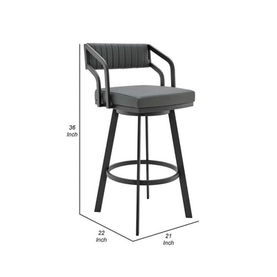 BENZARA Blake 26 Inch Vegan Leather Counter Stool, Swivel, Tufted, Gray, Black - BM282699