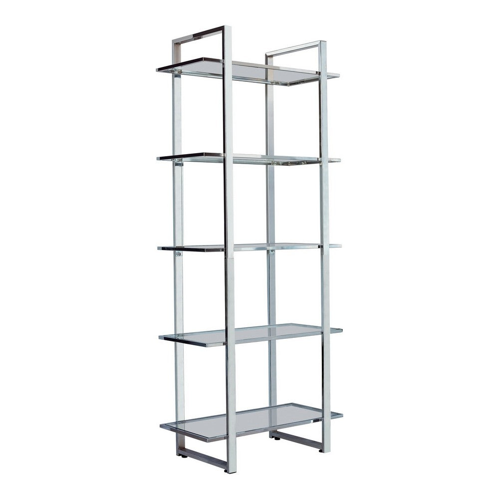 BENZARA 79 Inch Bookcase, Metal Frame, Tempered Glass Shelves, Polished, Silver - BM282971