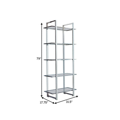 BENZARA 79 Inch Bookcase, Metal Frame, Tempered Glass Shelves, Polished, Silver - BM282971