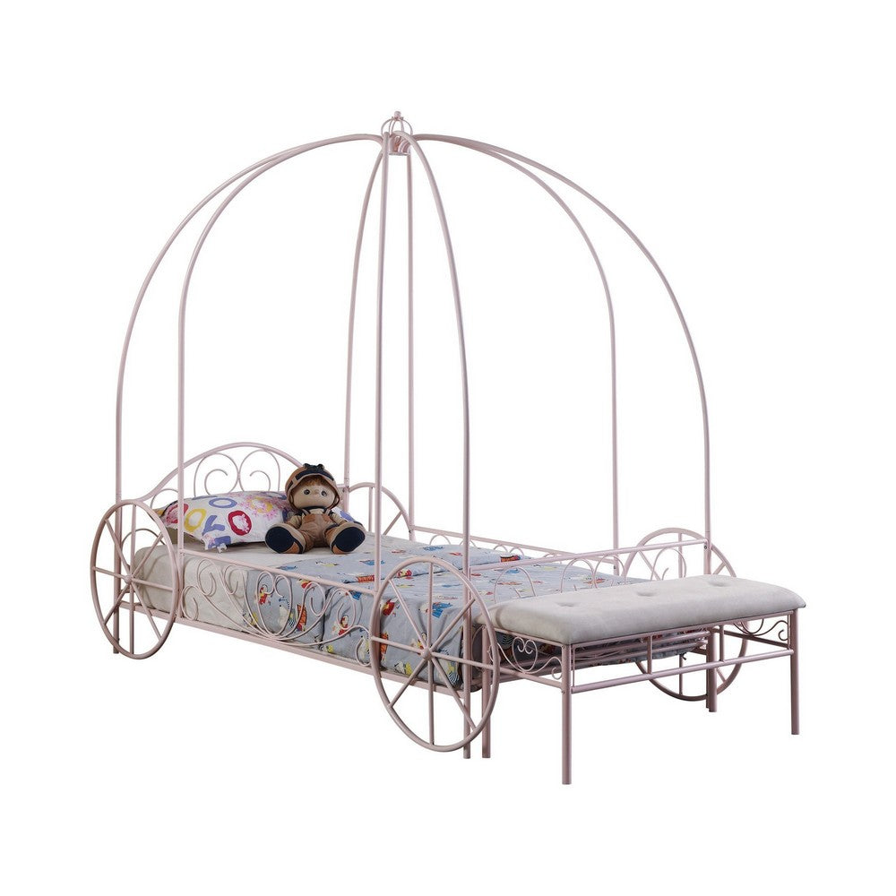 BENZARA Modern Twin Size Canopy Bed, Princess Carriage Design, Powder Pink - BM283038