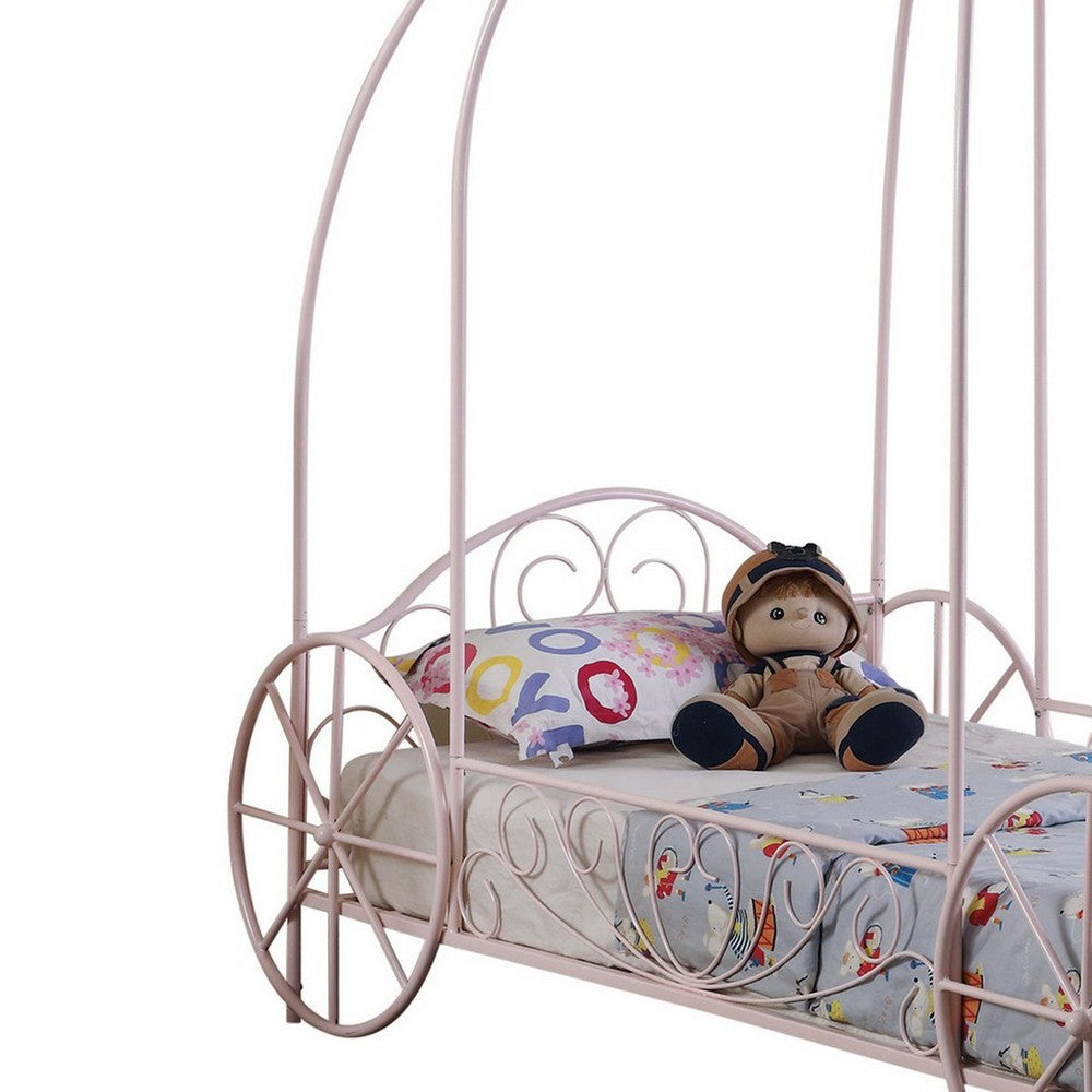 BENZARA Modern Twin Size Canopy Bed, Princess Carriage Design, Powder Pink - BM283038