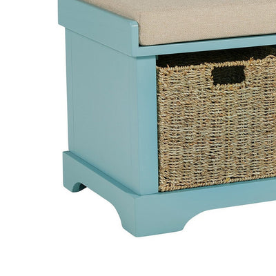 BENZARA Dio 42 Inch Storage Bench, Cushioned Top, 2 Wicker Baskets, Blue, Beige - BM283061