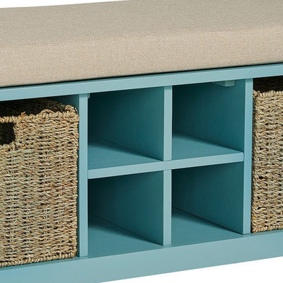 BENZARA Dio 42 Inch Storage Bench, Cushioned Top, 2 Wicker Baskets, Blue, Beige - BM283061