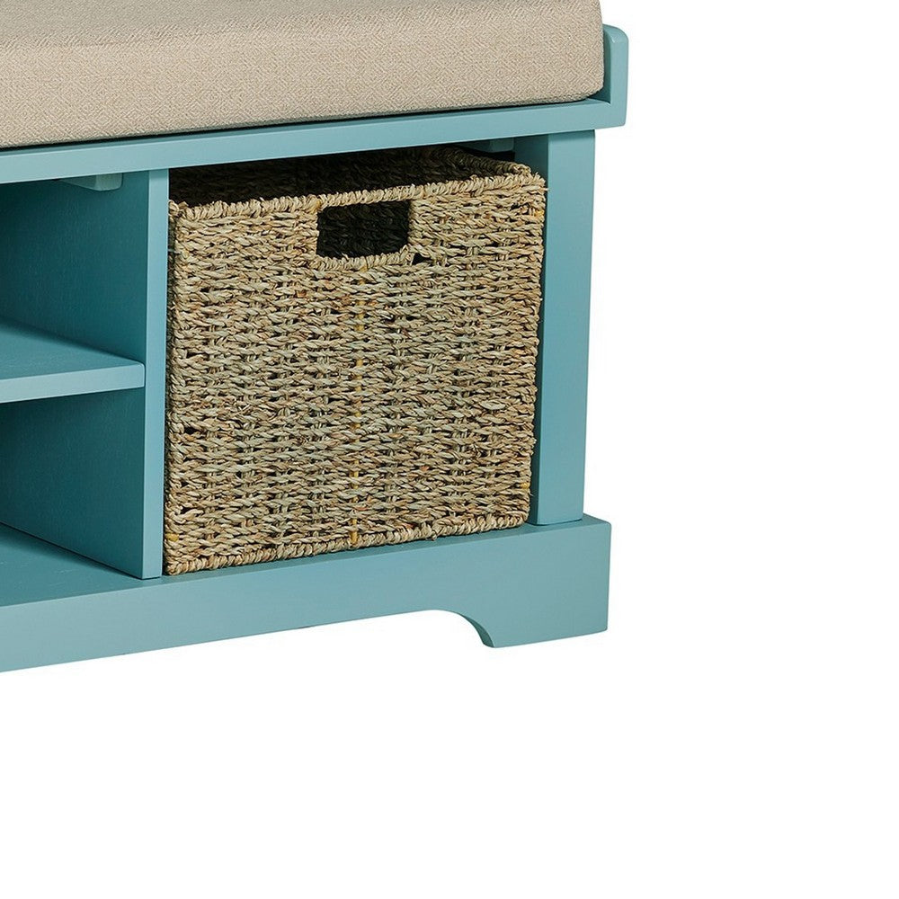 BENZARA Dio 42 Inch Storage Bench, Cushioned Top, 2 Wicker Baskets, Blue, Beige - BM283061