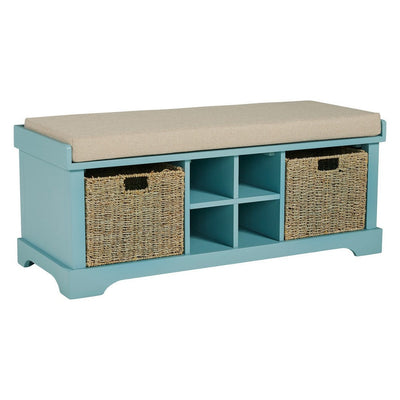 BENZARA Dio 42 Inch Storage Bench, Cushioned Top, 2 Wicker Baskets, Blue, Beige - BM283061