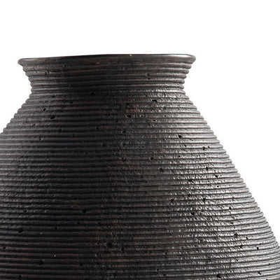 BENZARA Dale 17 Inch Round Polyresin Vase, Tightly Ribbed Texture, Antique Brown - BM283063