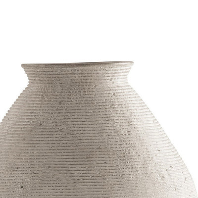 BENZARA Dale 12 Inch Round Polyresin Vase, Wavy Ribbed Spiral Texture Antique Beige - BM283064