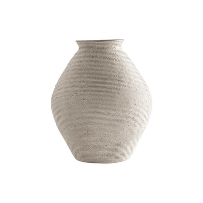 BENZARA Dale 12 Inch Round Polyresin Vase, Wavy Ribbed Spiral Texture Antique Beige - BM283064