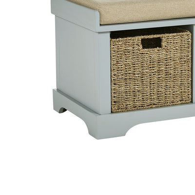 BENZARA Dio 42 Inch Storage Bench, Cushioned Top, 2 Wicker Baskets, Gray, Beige - BM283095