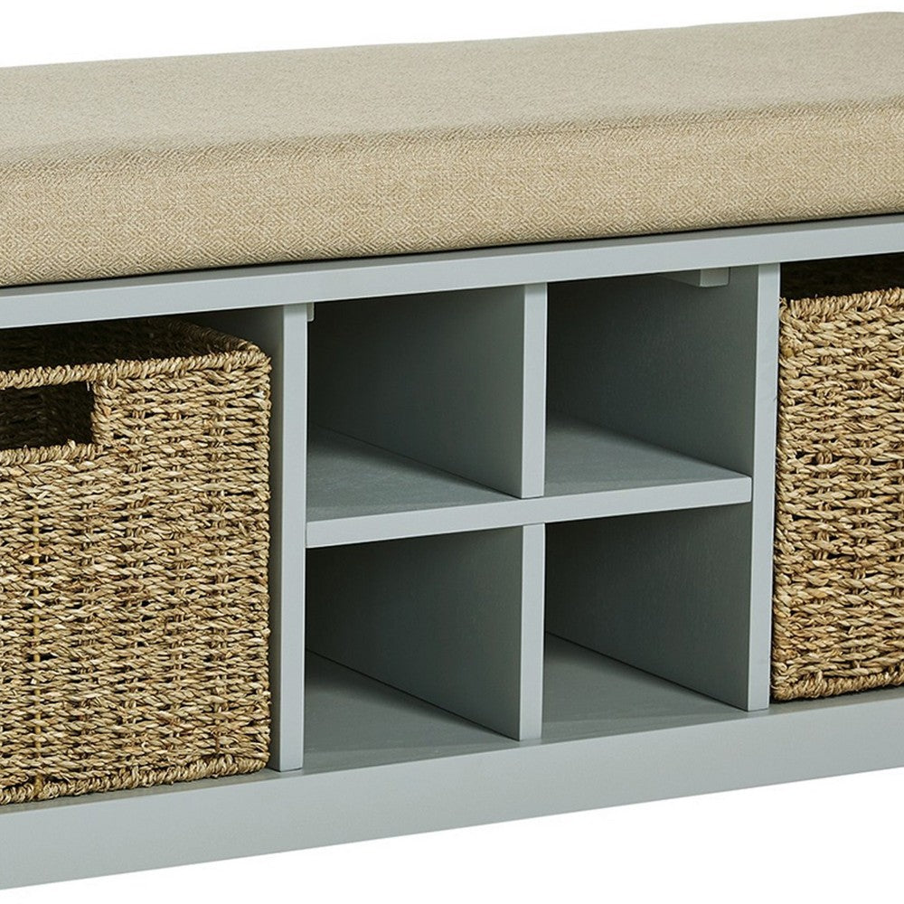 BENZARA Dio 42 Inch Storage Bench, Cushioned Top, 2 Wicker Baskets, Gray, Beige - BM283095