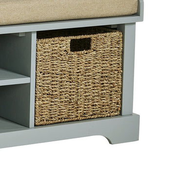 BENZARA Dio 42 Inch Storage Bench, Cushioned Top, 2 Wicker Baskets, Gray, Beige - BM283095