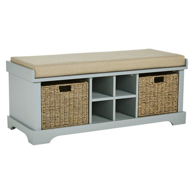 BENZARA Dio 42 Inch Storage Bench, Cushioned Top, 2 Wicker Baskets, Gray, Beige - BM283095