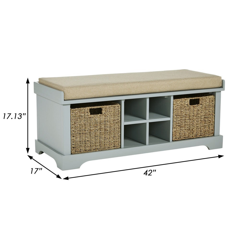 BENZARA Dio 42 Inch Storage Bench, Cushioned Top, 2 Wicker Baskets, Gray, Beige - BM283095