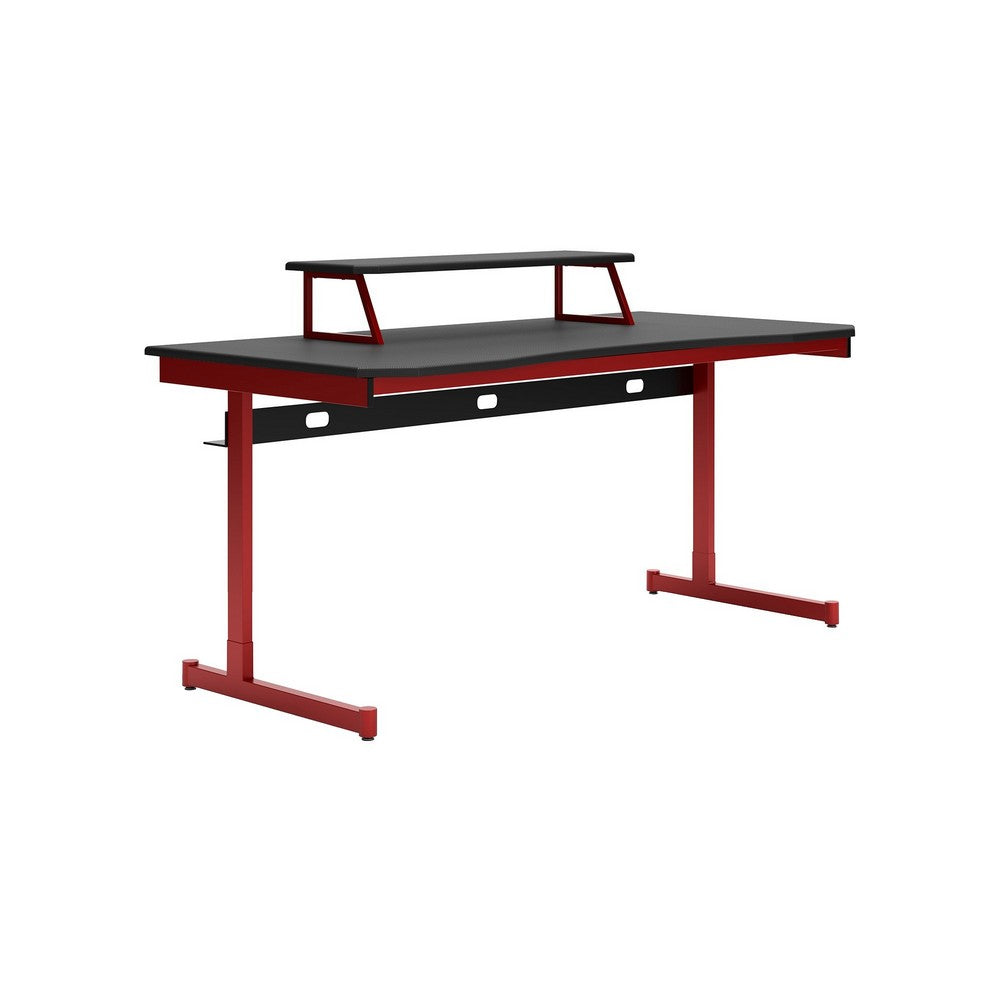 BENZARA 63 Inch Modern Home Office Gaming Desk, Monitor Stand, Metal, Black, Red - BM283121