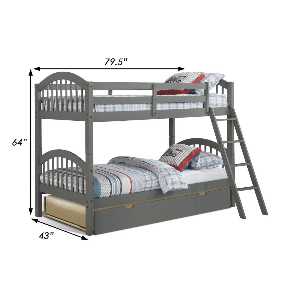 BENZARA Diana Modern Wood Twin Bunk Beds with Trundle, Slatted Arch Headboard, Gray - BM283154