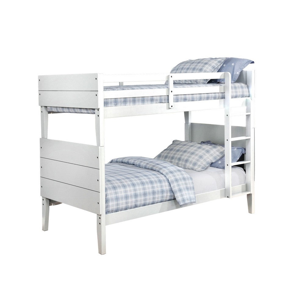 BENZARA Nia Modern Wood Twin Bunk Bed, Panel Headboard, Built in Ladder, White - BM283159