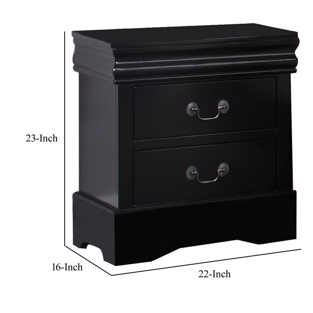 BENZARA Liam 23 Inch 2 Drawer Wood Nightstand, Antique Style Drop Handles, Black - BM283189