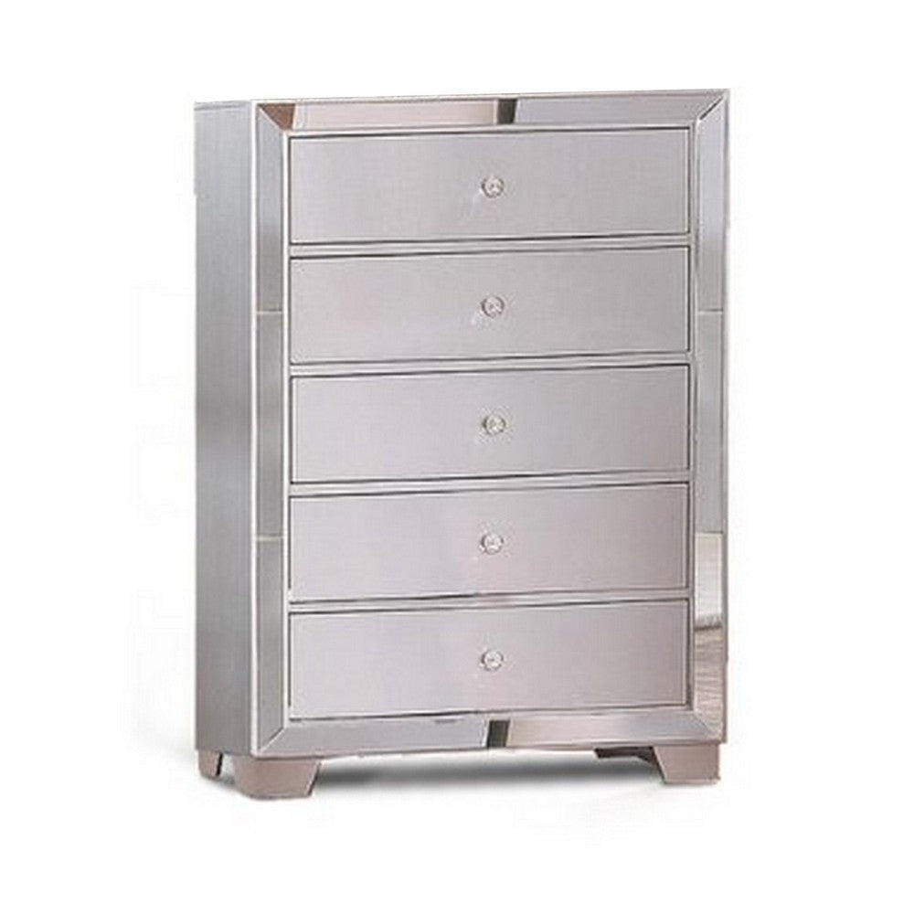 BENZARA Eli 46 Inch Deluxe Wood 5 Drawer Tall Dresser Chest, Mirrored Trim, Silver - BM283197