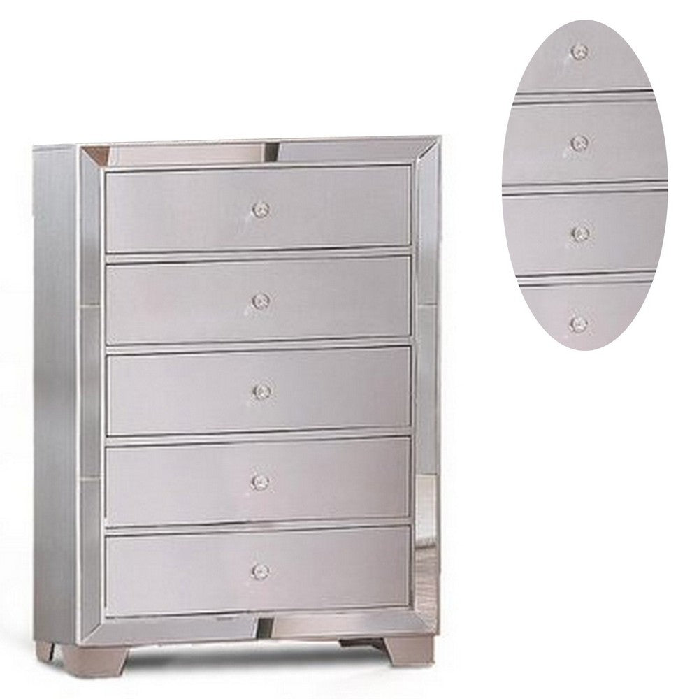 BENZARA Eli 46 Inch Deluxe Wood 5 Drawer Tall Dresser Chest, Mirrored Trim, Silver - BM283197