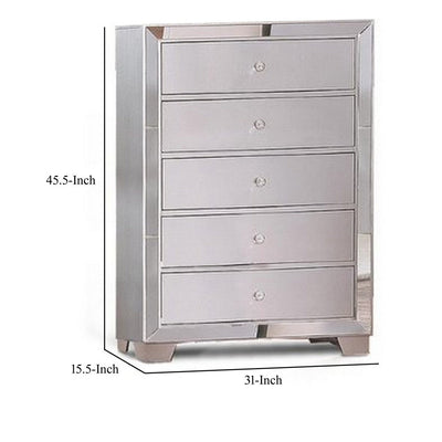 BENZARA Eli 46 Inch Deluxe Wood 5 Drawer Tall Dresser Chest, Mirrored Trim, Silver - BM283197