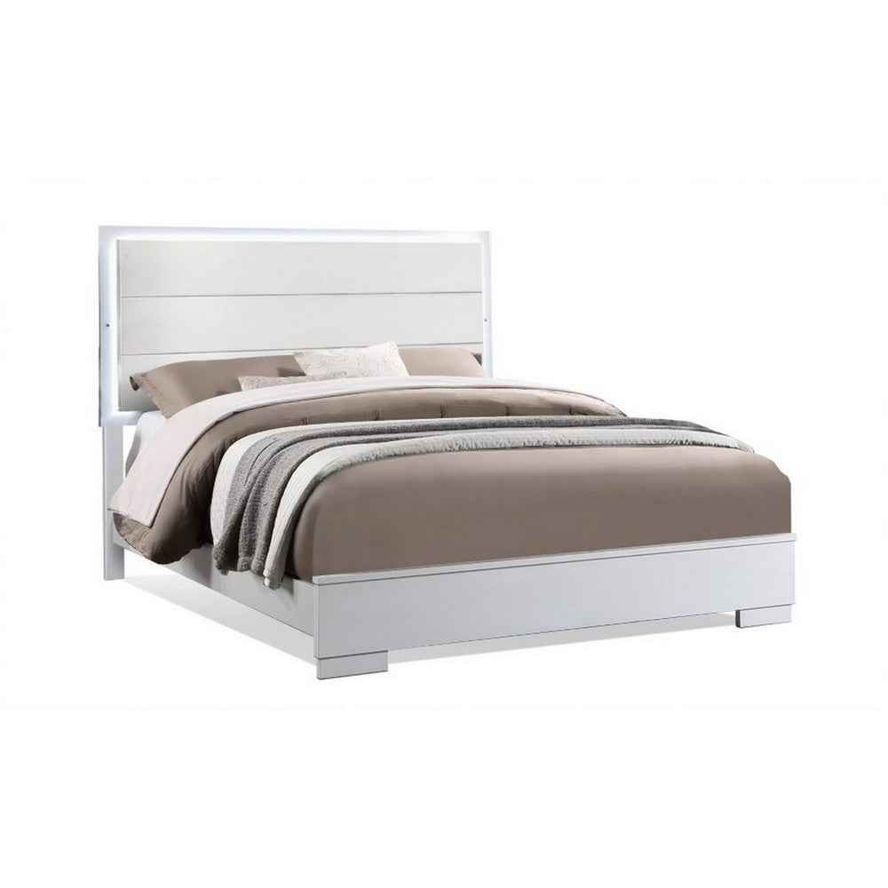 BENZARA Vin Modern Queen Size Bed, Panel Headboard, LED Light, Crisp White Finish - BM283225